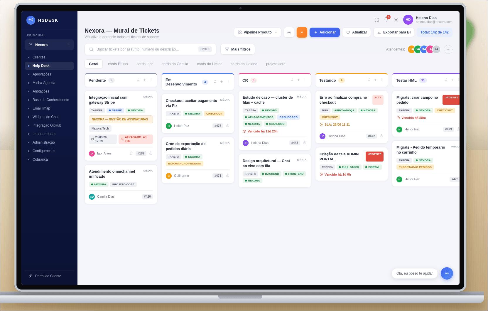 Mural de tickets (Kanban) do HSDesk