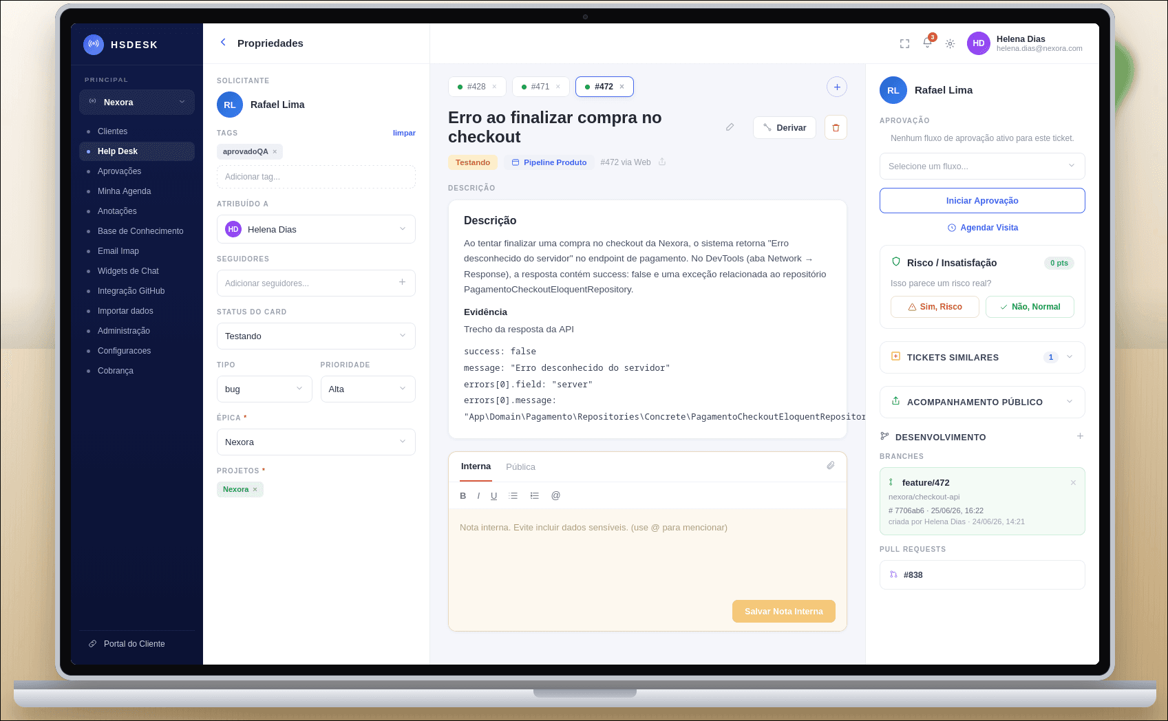 Detalhe de um ticket no HSDesk
